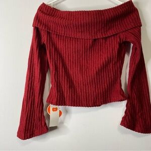 Cider Knit Off Shoulder Cropped Ribbed Red Bell Sleeve Sz Small Cottage Core